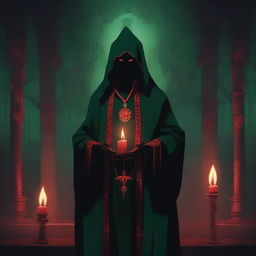 A standing red-eyed cultist wearing a dark green tunic and a demonic medallion, holding a red candle