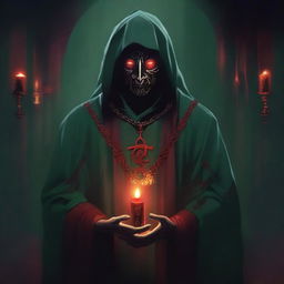 A standing red-eyed cultist wearing a dark green tunic and a demonic medallion, holding a red candle