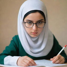 A focused girl with glasses, wearing a traditional Iranian hijab, immersed in studying a math book.