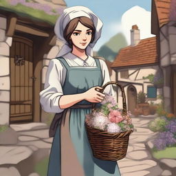 A medieval peasant woman, maid-like, sweet and innocent, illustrated in a Dungeons and Dragons style