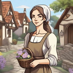 A medieval peasant woman, maid-like, sweet and innocent, illustrated in a Dungeons and Dragons style