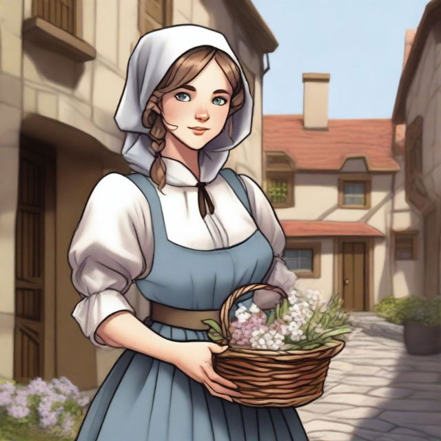 A medieval peasant woman, maid-like, sweet and innocent, illustrated in a Dungeons and Dragons style