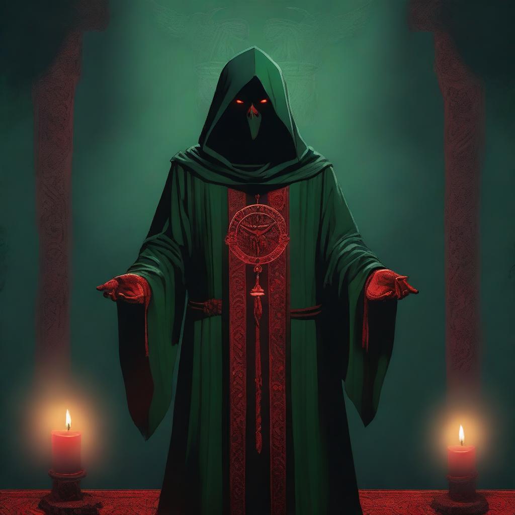 A standing, full-body red-eyed cultist wearing a dark green tunic and a demonic medallion, holding a red candle