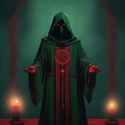 A standing, full-body red-eyed cultist wearing a dark green tunic and a demonic medallion, holding a red candle