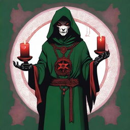 A standing, full-body red-eyed cultist wearing a dark green tunic and a demonic medallion, holding a red candle