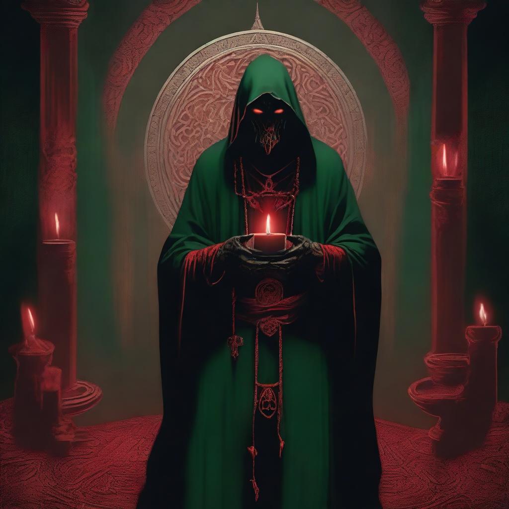 A standing, full-body red-eyed cultist wearing a dark green tunic and a demonic medallion, holding a red candle