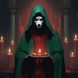 A standing, full-body red-eyed cultist wearing a dark green tunic and a demonic medallion, holding a red candle