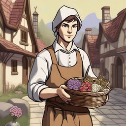 A medieval peasant man, maid-like, sweet and innocent, illustrated in a Dungeons and Dragons style