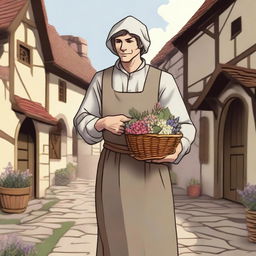 A medieval peasant man, maid-like, sweet and innocent, illustrated in a Dungeons and Dragons style