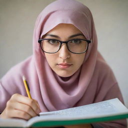 A focused girl with glasses, wearing a traditional Iranian hijab, immersed in studying a math book.