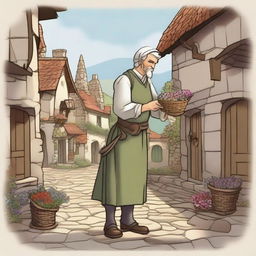 A medieval peasant man, maid-like, sweet and innocent, illustrated in a Dungeons and Dragons style