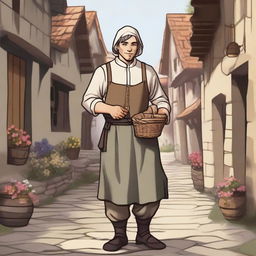 A medieval peasant man, maid-like, sweet and innocent, illustrated in a Dungeons and Dragons style