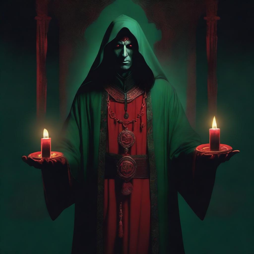 A standing, full-body red-eyed high priest cultist wearing a dark green tunic and a demonic medallion, holding a red candle