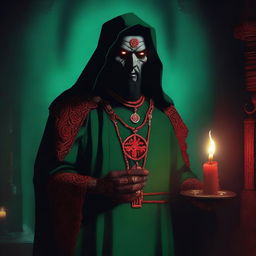 A standing, full-body red-eyed high priest cultist wearing a dark green tunic and a demonic medallion, holding a red candle