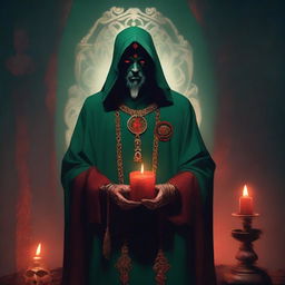 A standing, full-body red-eyed high priest cultist wearing a dark green tunic and a demonic medallion, holding a red candle