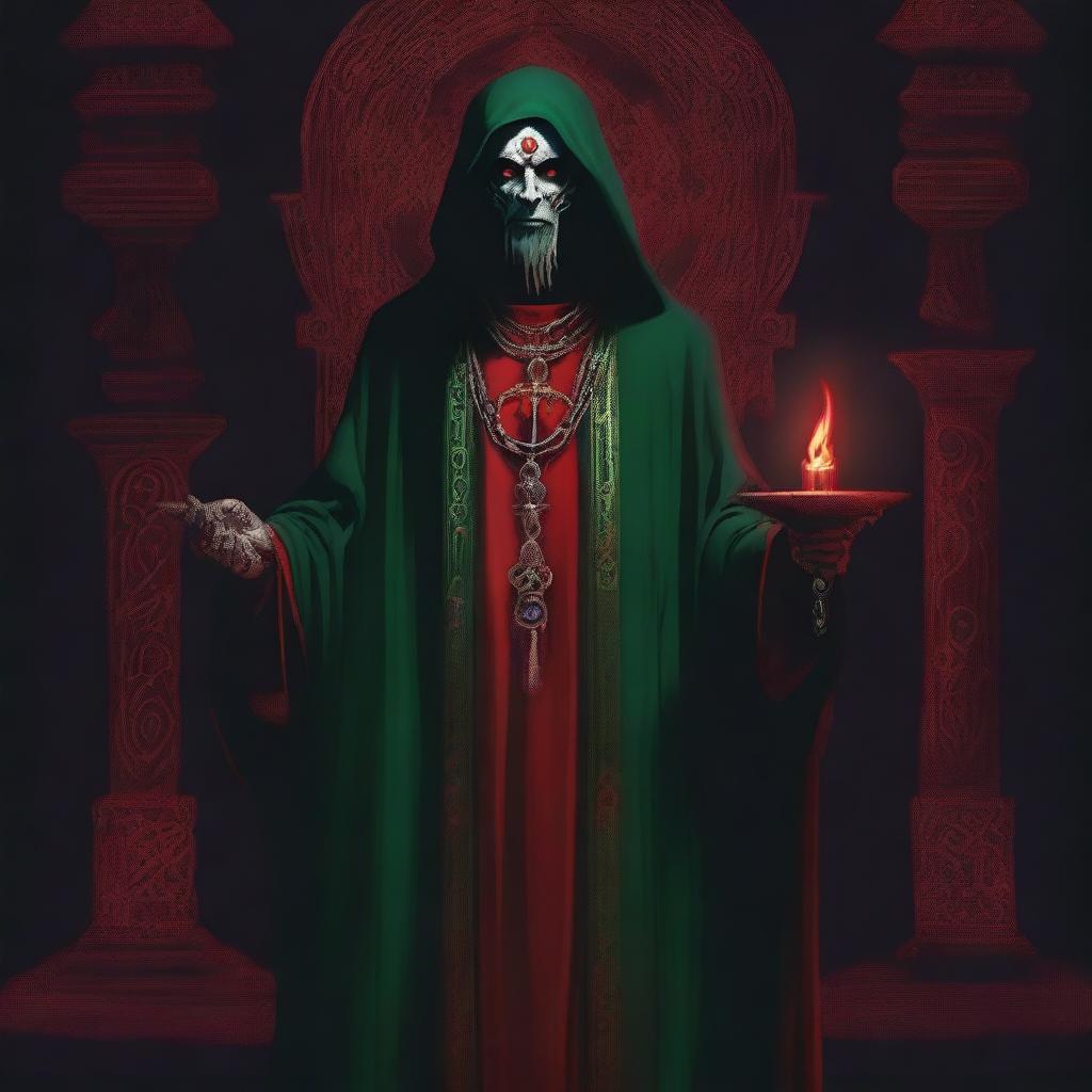 A standing, full-body red-eyed high priest cultist wearing a dark green tunic and a demonic medallion, holding a red candle