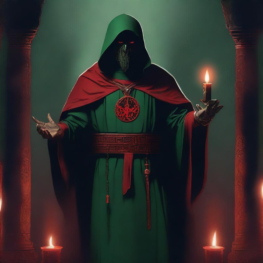 A standing, full-body red-eyed high priest cultist wearing a dark green tunic and a demonic medallion, holding a red candle in one hand and a dagger in the other