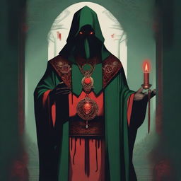 A standing, full-body red-eyed high priest cultist wearing a dark green tunic and a demonic medallion, holding a red candle in one hand and a dagger in the other