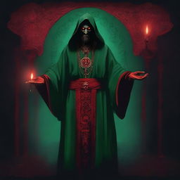 A standing, full-body red-eyed high priest cultist wearing a dark green tunic and a demonic medallion, holding a red candle in one hand and a dagger in the other