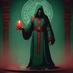 A standing, full-body red-eyed high priest cultist wearing a dark green tunic and a demonic medallion, holding a red candle in one hand and a dagger in the other