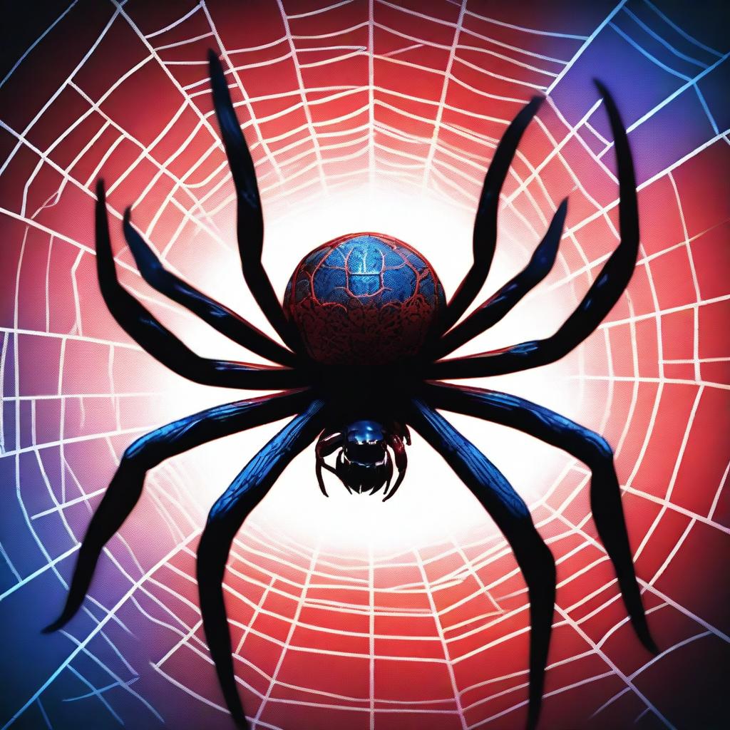 A cinematic poster featuring a red and blue spider with detailed spider webs in the background