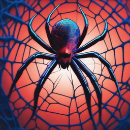 A cinematic poster featuring a red and blue spider with detailed spider webs in the background