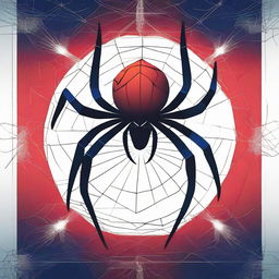 A cinematic poster featuring a red and blue spider with detailed spider webs in the background