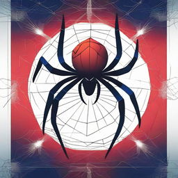 A cinematic poster featuring a red and blue spider with detailed spider webs in the background