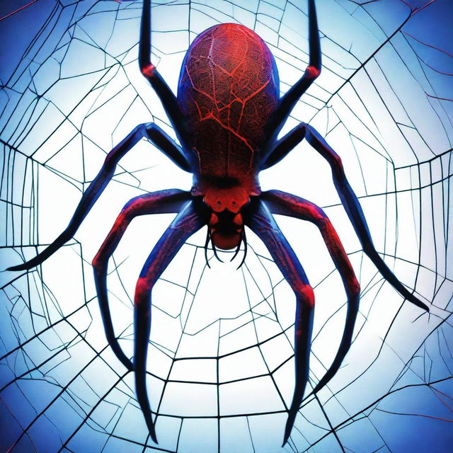 A cinematic poster featuring a red and blue spider with detailed spider webs in the background