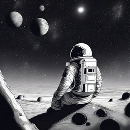 A melancholic scene set in outer space, depicting a lonely astronaut floating amidst the stars