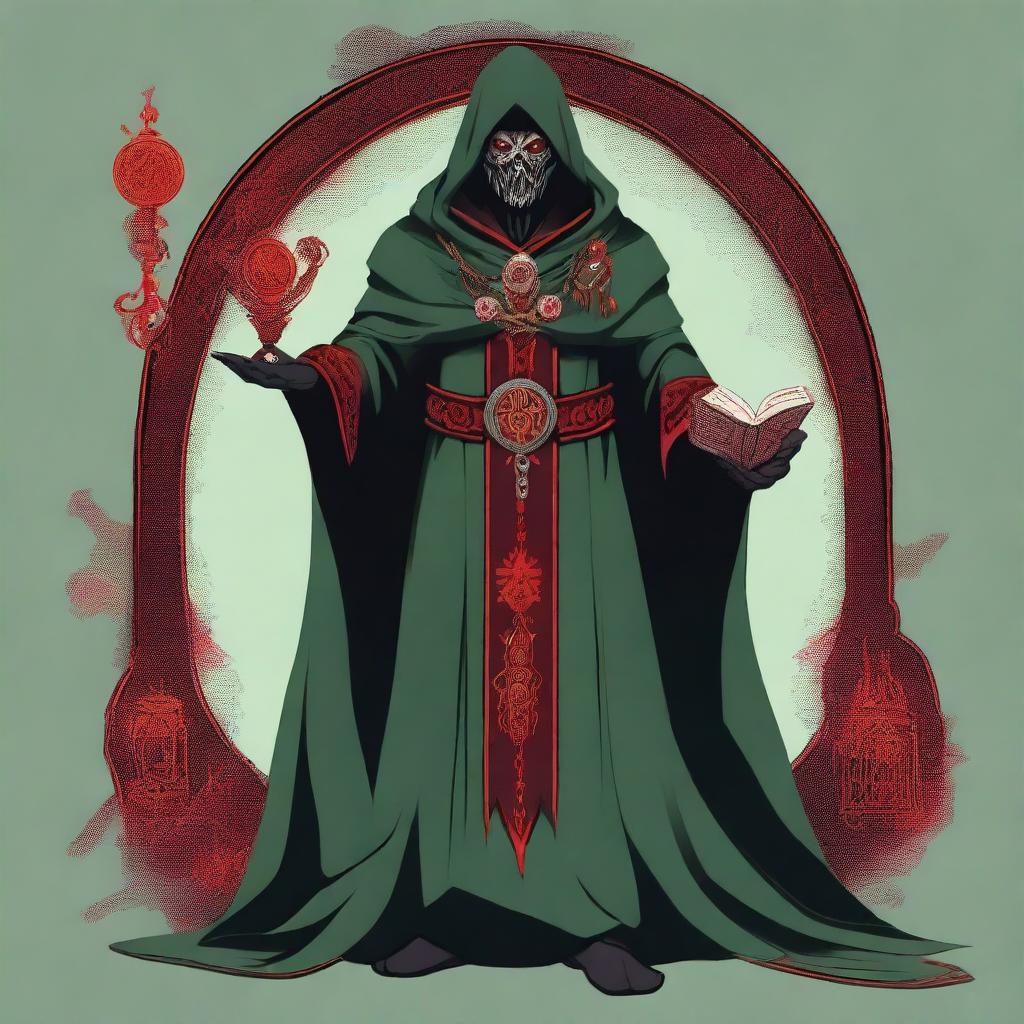 A standing, full-body red-eyed high priest cultist wearing a dark green tunic and a red hood, adorned with a demonic medallion