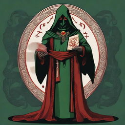 A standing, full-body red-eyed high priest cultist wearing a dark green tunic and a red hood, adorned with a demonic medallion