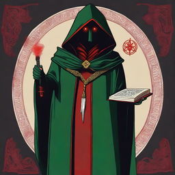 A standing, full-body red-eyed high priest cultist wearing a dark green tunic and a red hood, adorned with a demonic medallion