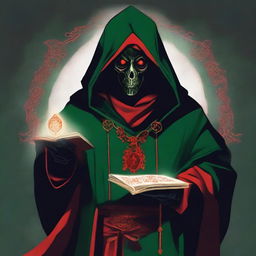 A standing, full-body red-eyed high priest cultist wearing a dark green tunic and a red hood, adorned with a demonic medallion