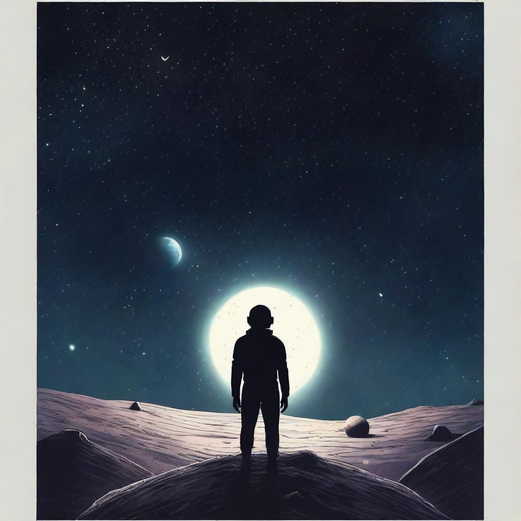 A melancholic scene set in outer space, depicting a lonely figure floating amidst the stars