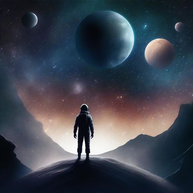 A melancholic scene set in outer space, depicting a lonely figure floating amidst the stars