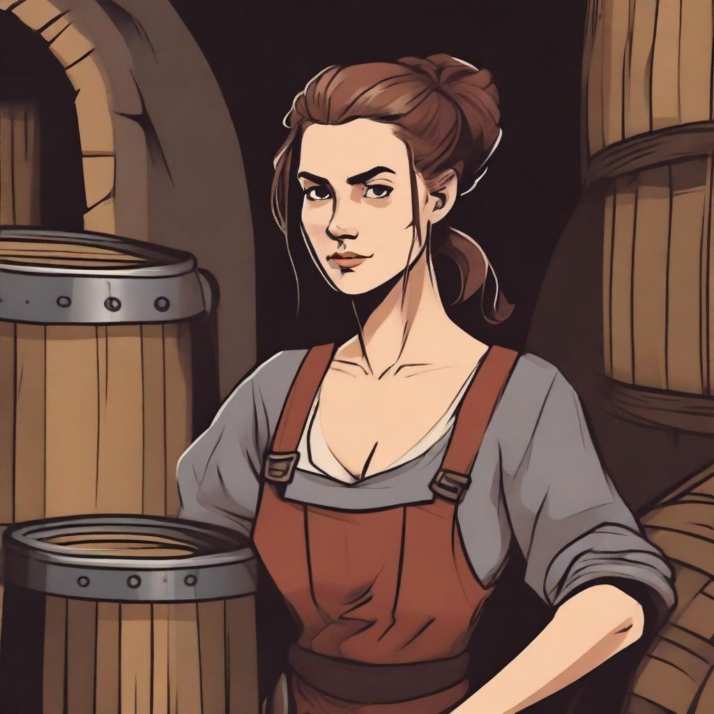 A tired looking female brewery-worker in a medieval setting, illustrated in a Dungeons and Dragons style