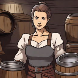 A tired looking female brewery-worker in a medieval setting, illustrated in a Dungeons and Dragons style