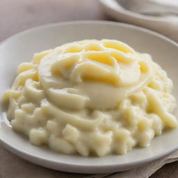 A comforting dish of creamy, smooth mashed potatoes, topped with a pat of melting butter glistening on top.