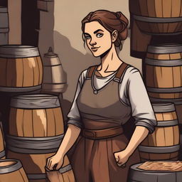 A tired looking female brewery-worker in a medieval setting, illustrated in a Dungeons and Dragons style