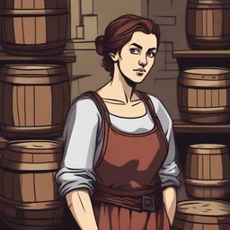 A tired looking female brewery-worker in a medieval setting, illustrated in a Dungeons and Dragons style