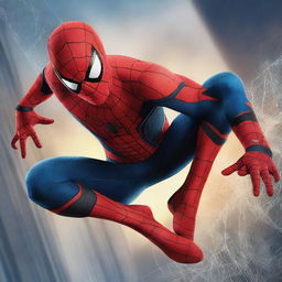 Create a cinematic poster featuring Spider-Man in an action pose with a background filled with intricate spider webs