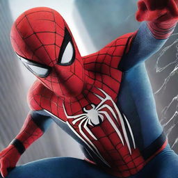 Create a cinematic poster featuring Spider-Man in an action pose with a background filled with intricate spider webs