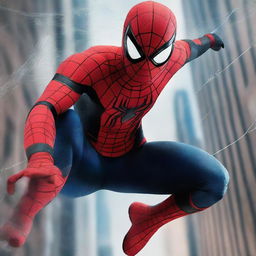 Create a cinematic poster featuring Spider-Man in an action pose with a background filled with intricate spider webs