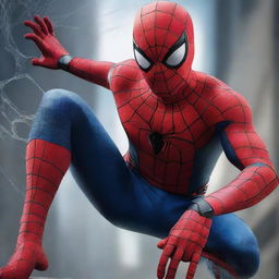 Create a cinematic poster featuring Spider-Man in an action pose with a background filled with intricate spider webs