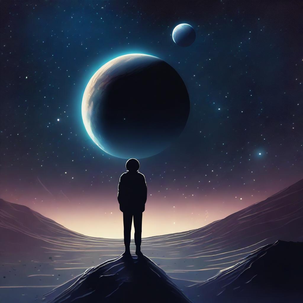 A melancholic scene set in outer space, depicting a lonely figure floating amidst the stars