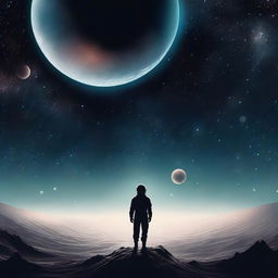 A melancholic scene set in outer space, depicting a lonely figure floating amidst the stars