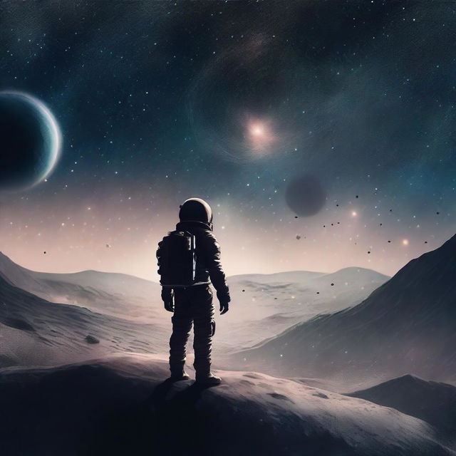 A melancholic scene set in outer space, depicting a lonely figure floating amidst the stars