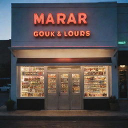 A well-lit, inviting liquor store facade at dusk. The signpost above the front door boldly displays 'Mara Liquor' in vintage-style marquee letters.