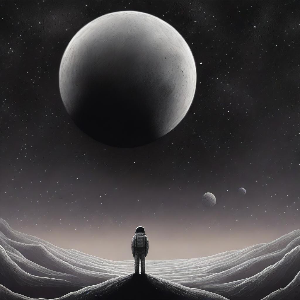 A melancholic scene set in outer space, depicting a lonely figure floating amidst the stars